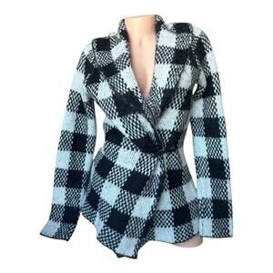 Aspen Warm And Cozy Open Front Cardigan black /white Plaid knit sweater - MEDIUM